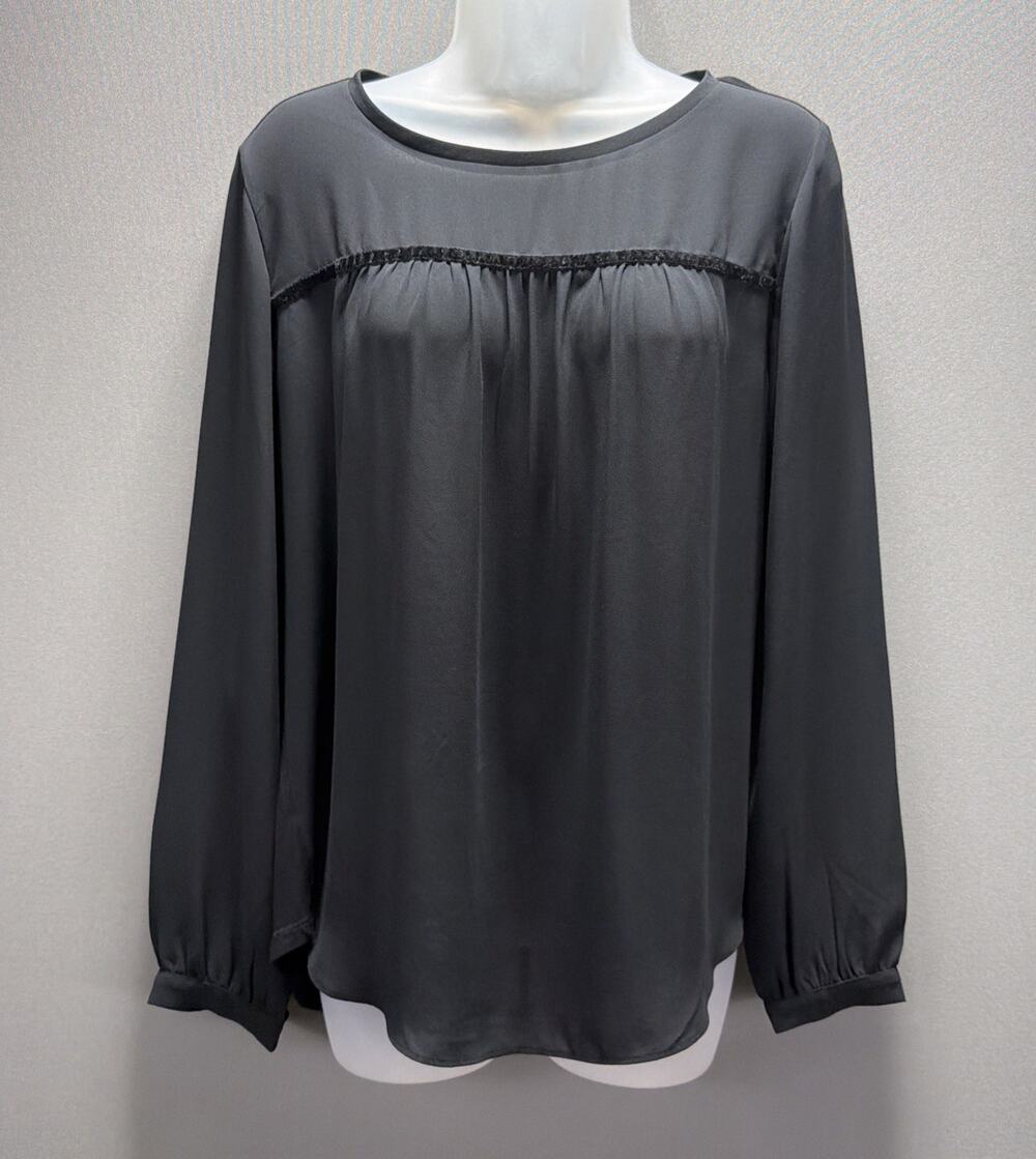 Loft Top Black Long Sleeve Velvet Trim Tunic Blouse Size Small